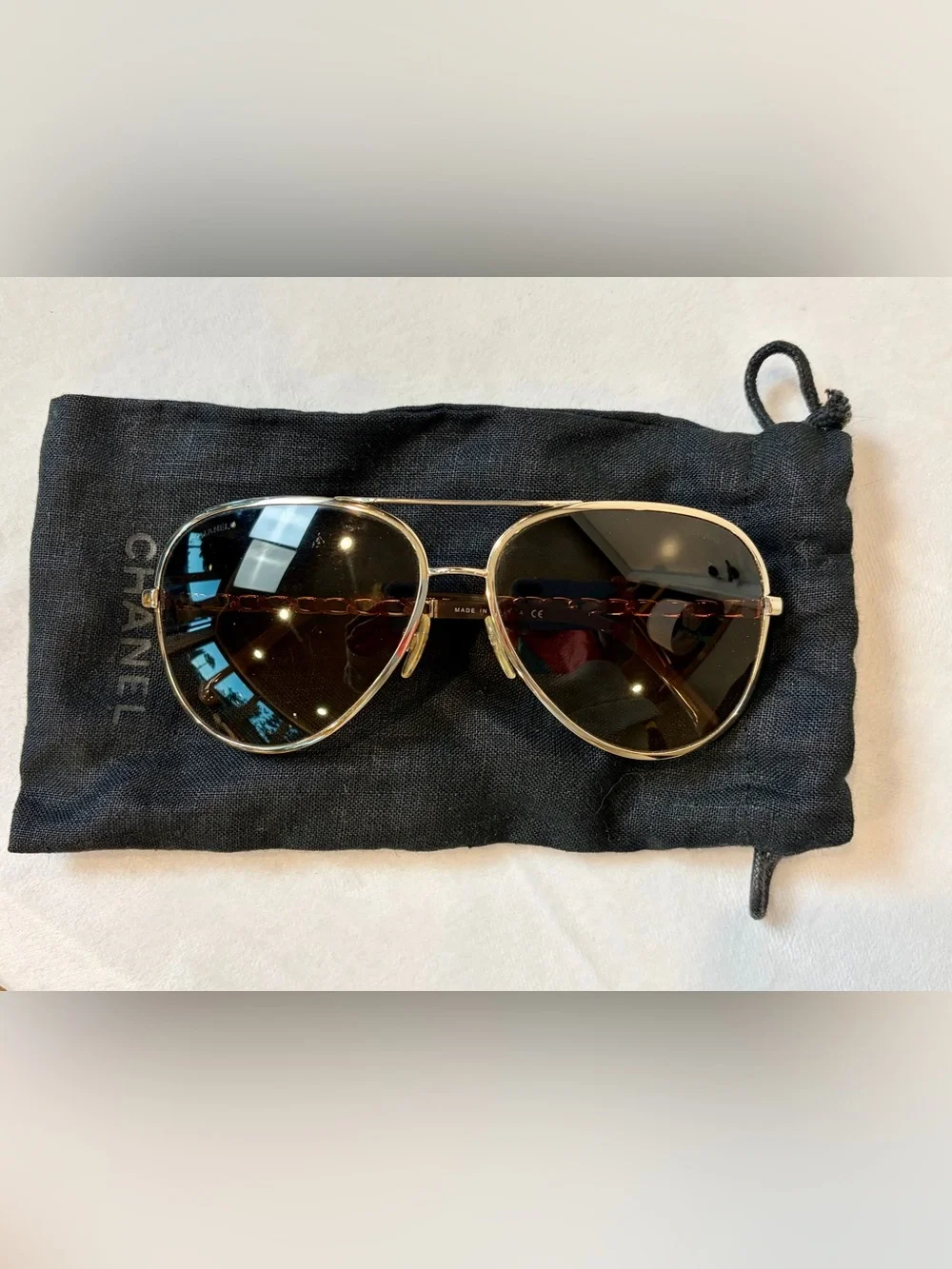 CHANEL Aviator Sunglasses, Brn leather/gold chain temples,CCs, brn gradient lens